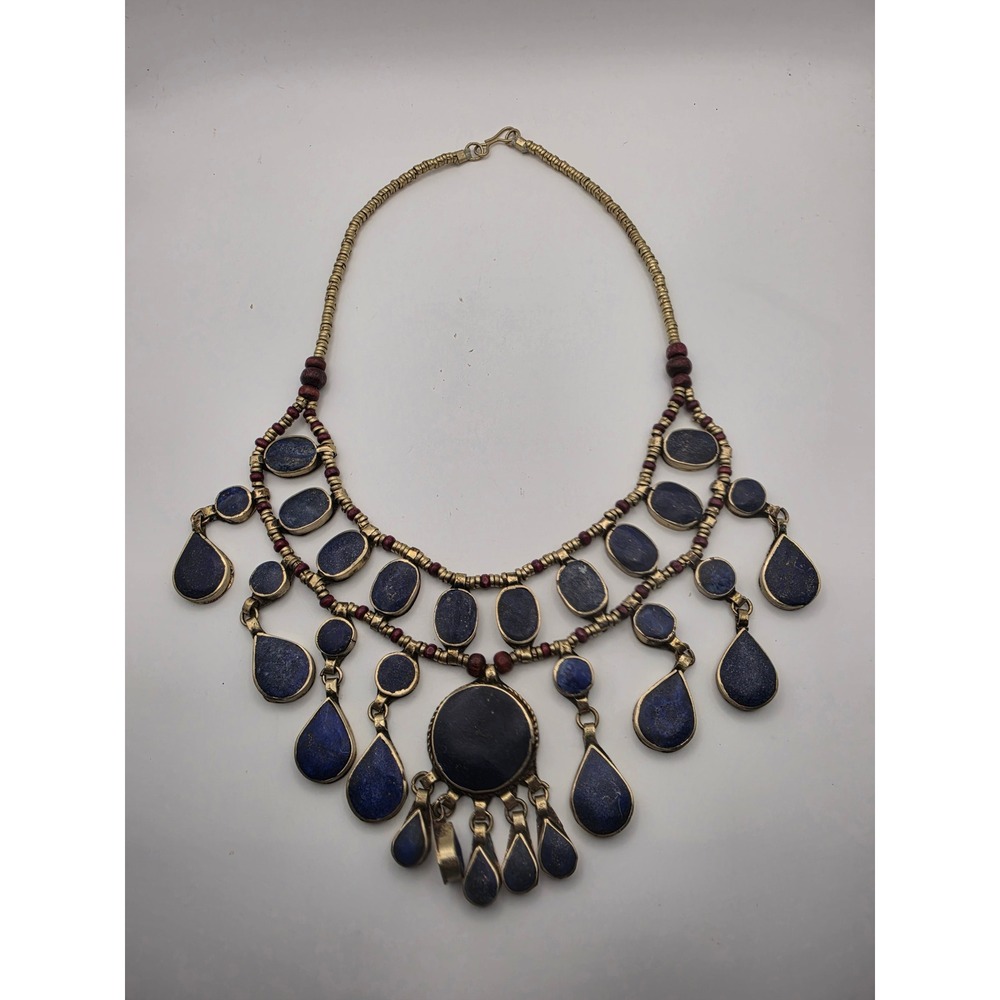 Vintage Lapis Lazuli Bib Necklace Brass Tone Tribal Bohemian Statement Fringe